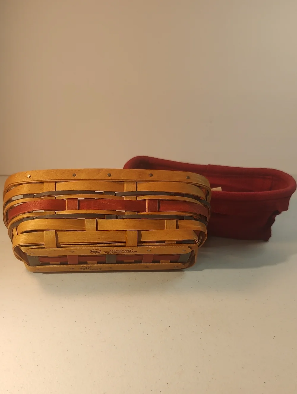 Longaberger Tidbit Basket And Fabric Liner In Paprika With Navy & Red Weavers